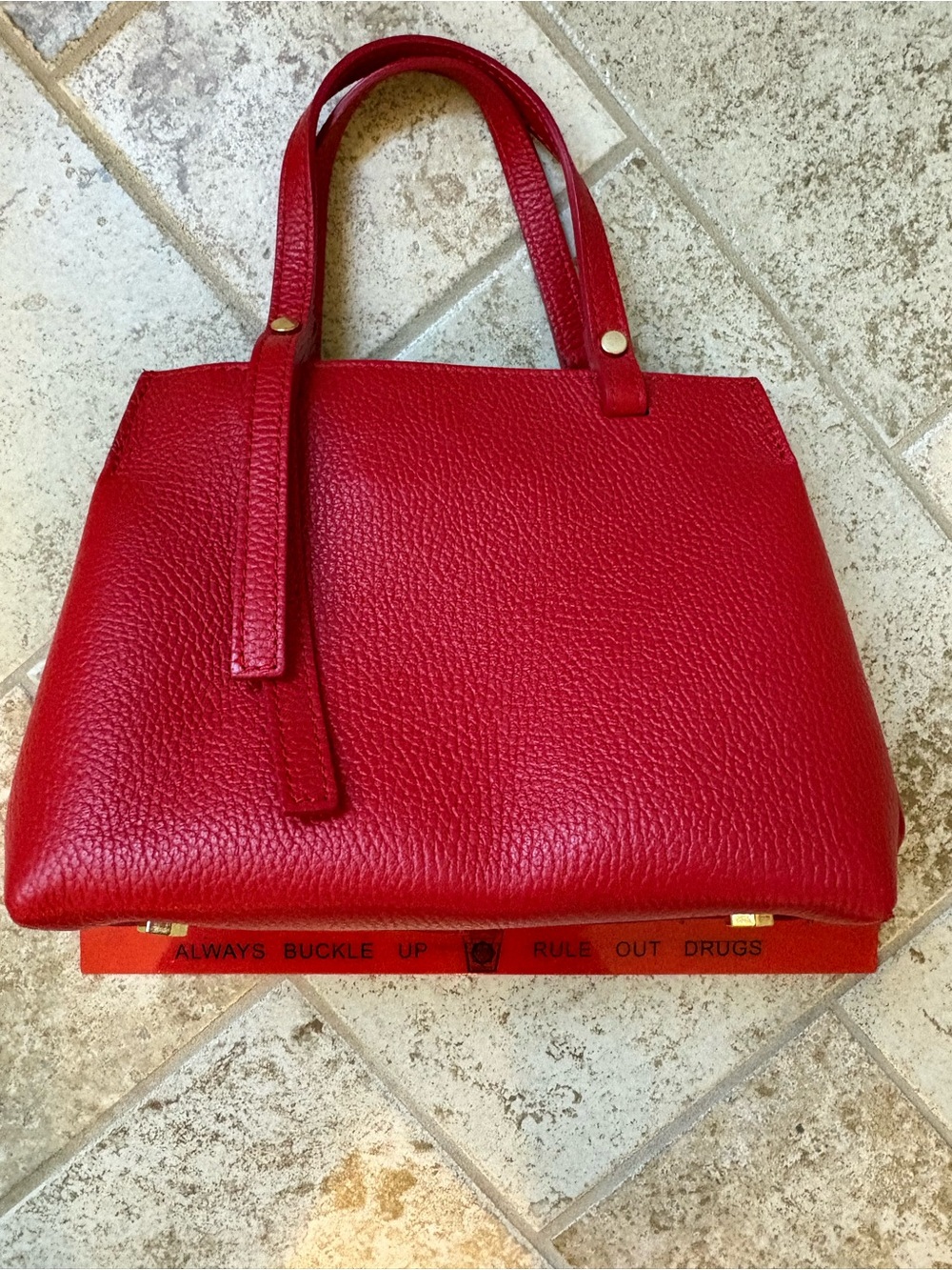 Pebbled Red Leather Handbag with Double Top Handles